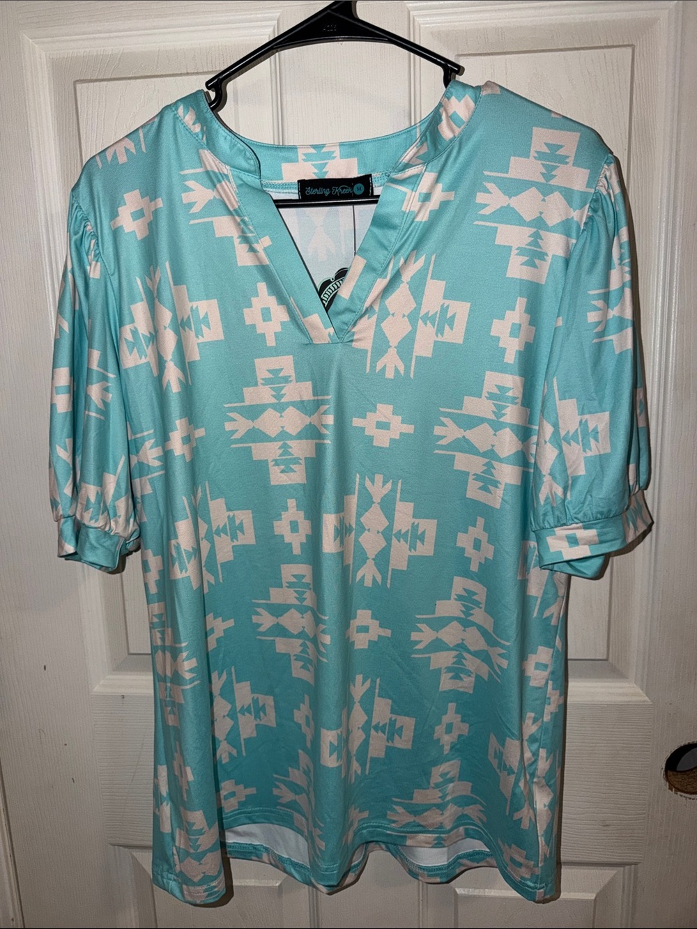 Sterling Kreek Aqua Aztec-Print V-Neck Tunic Top